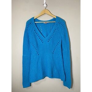 Calypso St. Barth Blue‎ 100% Wool Chunky Pointelle V-Neck Sweater Womens Medium